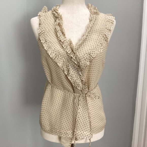 J. Crew 100% silk polka dot ruffle v-neck sleeveless wrap blouse size 0 cream - Picture 1 of 15